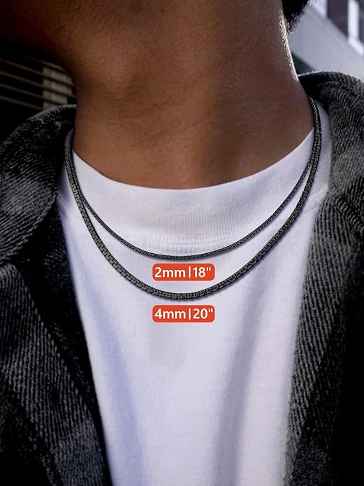 FaithHeart Mens Black/Silver/Gold Stainless Steel Flat Box Link Chain Necklace, Stylish 2/4/6/8mm Width Box Chains Necklaces for Men Non Tarnish Hip Hop Chain Jewelry Gifts,14"-30" Length
