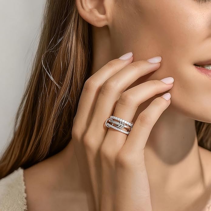 Emibele 14K Gold Plated Stackable Rings for Women, Interlocking Non Tarnish Gold Rings, Silver Dainty Cubic Zirconia Bands, Two-Toned Mixed Metal Stacking Band, Trendy Jewelry Gifts for Women