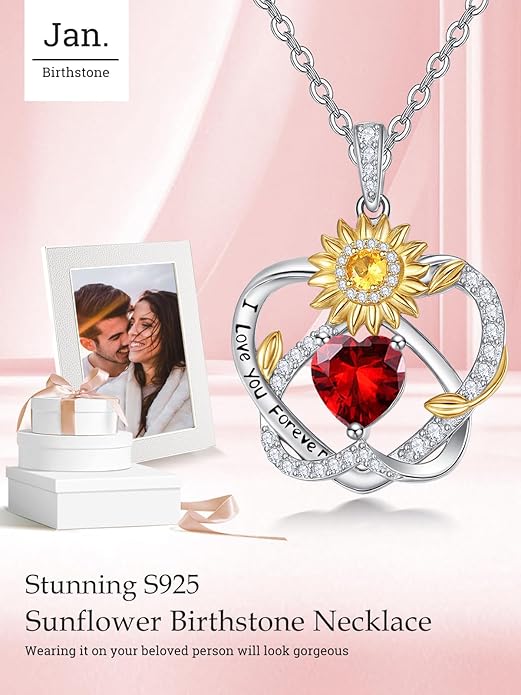 Zeuslia Double Birthstone Necklace Gifts for Wife - 925 Sterling Silver Sunflower/Rose/Crown Cross/Compass/Heart Pendant I Love You Necklace, Anniversary Birthday Gifts for Wife Girlfriend Mom Her