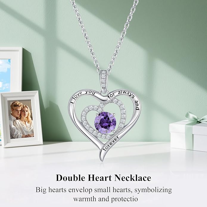 S925 Sterling Silver Necklace for Women, Christams Gift for Women, Love Heart Birthstone Necklaces for Women, Wife Jewelry, Mom Birthday Valentines Mothers Day Gifts, Girlfriend Necklaces, Daughter Heart Jewel, Anniversary for Her