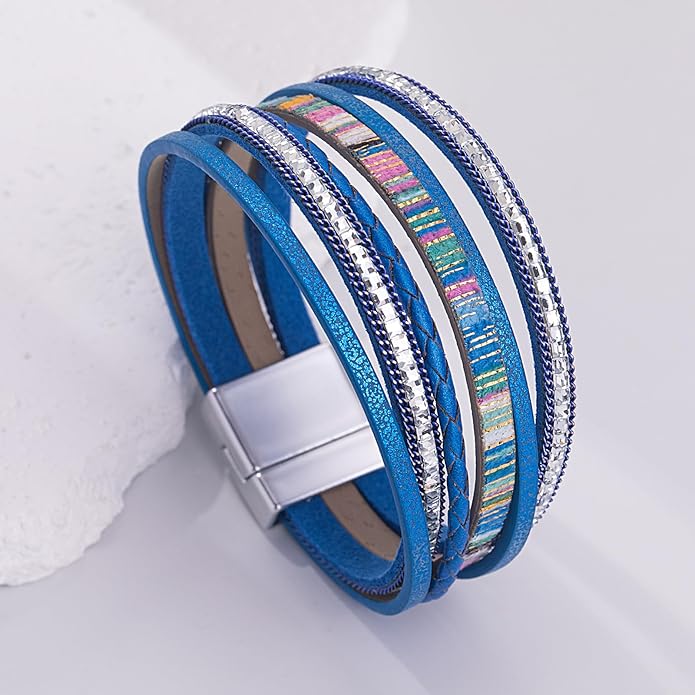 FANCY SHINY Boho Leather Wrap Bracelets Trendy Layered Bracelets with Magnetic Clasp Strackable Bohemian Jewelry Gifts for Women