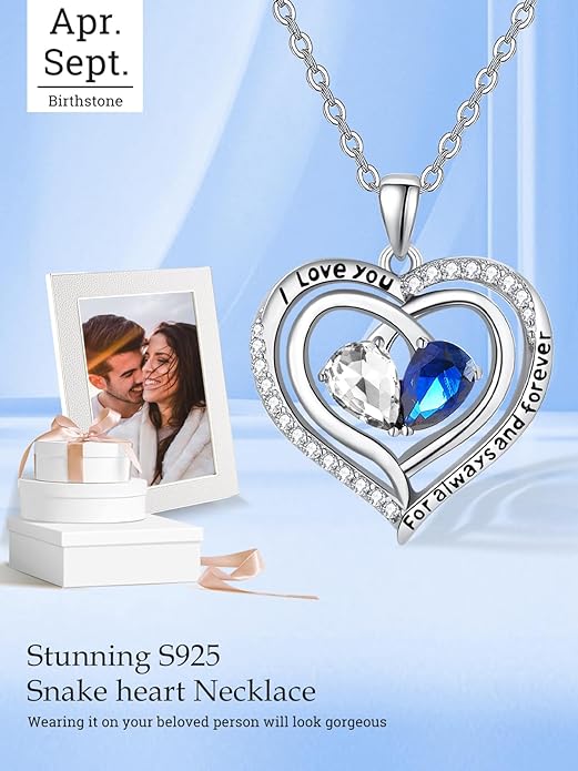 Zeuslia Double Birthstone Necklace Gifts for Wife - 925 Sterling Silver Sunflower/Rose/Crown Cross/Compass/Heart Pendant I Love You Necklace, Anniversary Birthday Gifts for Wife Girlfriend Mom Her