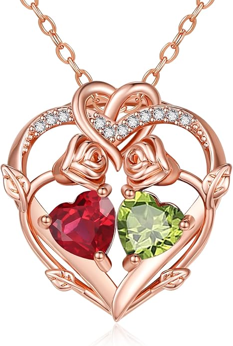 Rose Gold Necklaces for Women Double Birthstone Rose Flower Heart Pendant Necklace Jewelry Anniversary Christmas Valentine's Mother's Day Birthday Gift for Wife Mom Her Girlfriend Sister