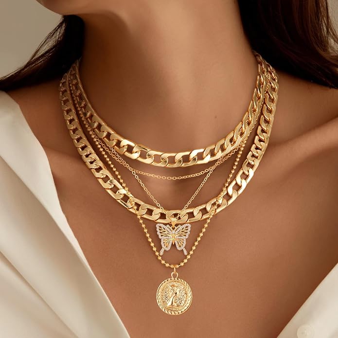 MJartoria Layered Necklaces for Women Trendy Retro Coin Pendant Necklace Dainty Chunky Chain Choker Necklaces for Jewelry Birthday Gifts