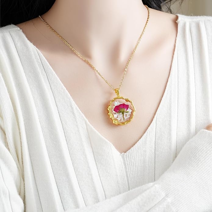 Birth Flower Necklaces for Women,1-12 Month Real Pressed Flower Necklace,Boho-Style Personalized Jewelry, Handmade Floral Pendant,Thoughtful Gift for Christmas,Birthday|18"