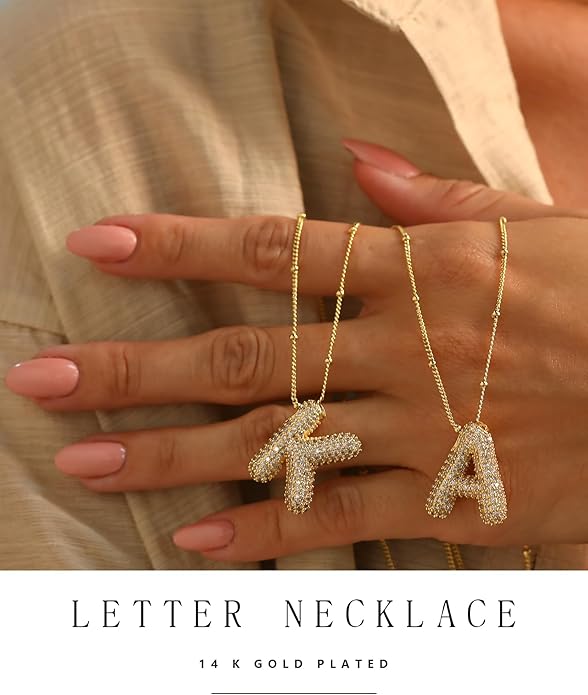 Letter Necklace, 14k Gold Plated Bubble Balloon Dainty Necklace for Women, Chunky Initial Charm Pendant Name Necklace Personalized