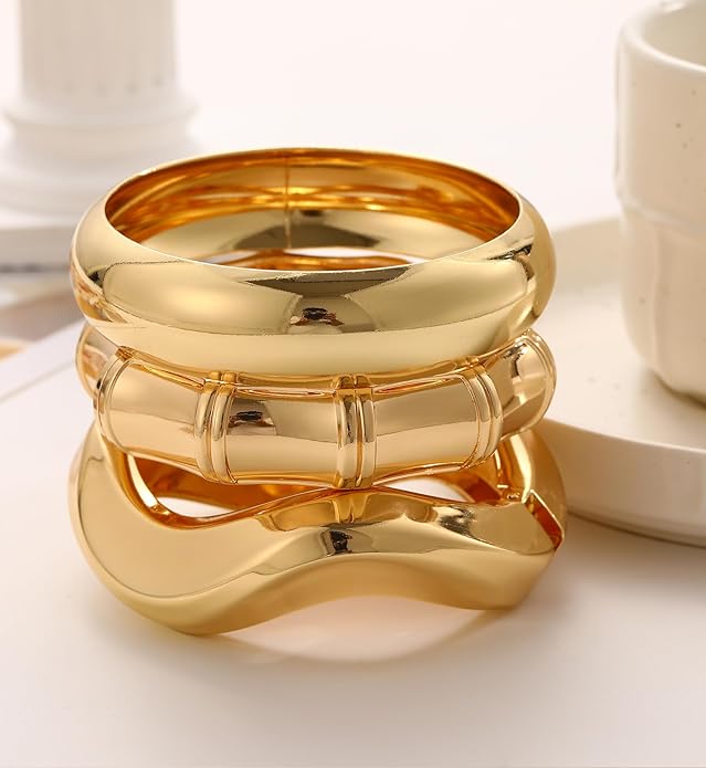 Chunky Gold Bangle Bracelets for Women, 14k Dainty Gold Cuff Stackable Bracelet Set, Trendy Bracelet Stack Fashion Jewelry Gifts