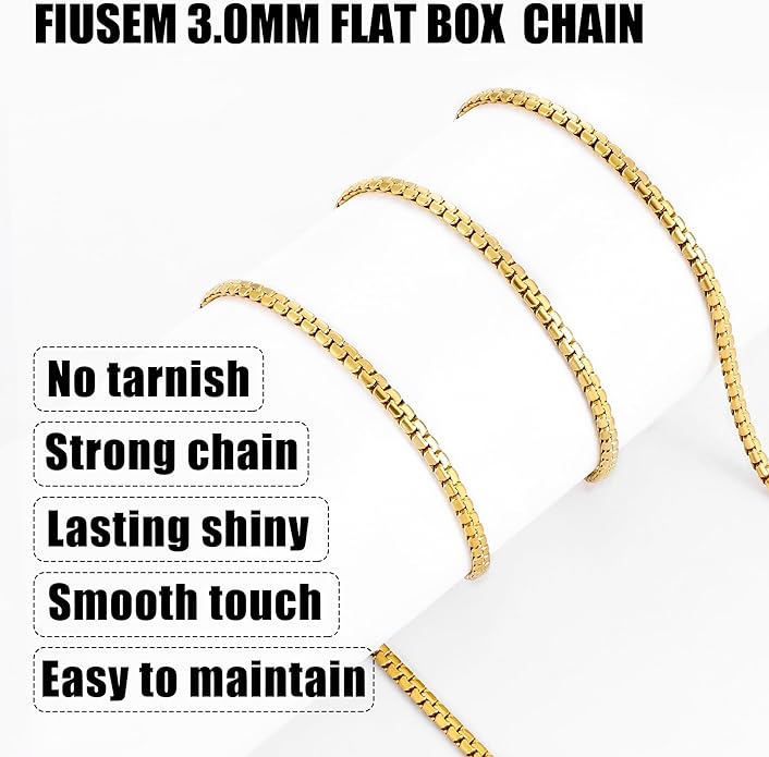 Fiusem Flat Box Chains for Men, 14k Gold Plated Stainless Steel Chain Necklace, 2.5/3/4/4.5/5mm Necklaces for Men and Women 16-28 Inch