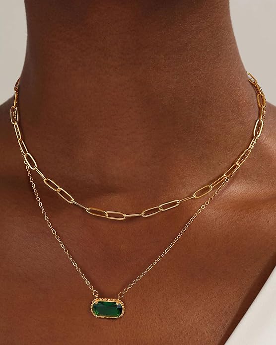 Lourny Gemstone Birthstone Pendant Layered Necklace for Women Trendy, 18K Gold Plated Paperclip Chain Preppy Choker Charm Necklace for Women Wife Jewelry