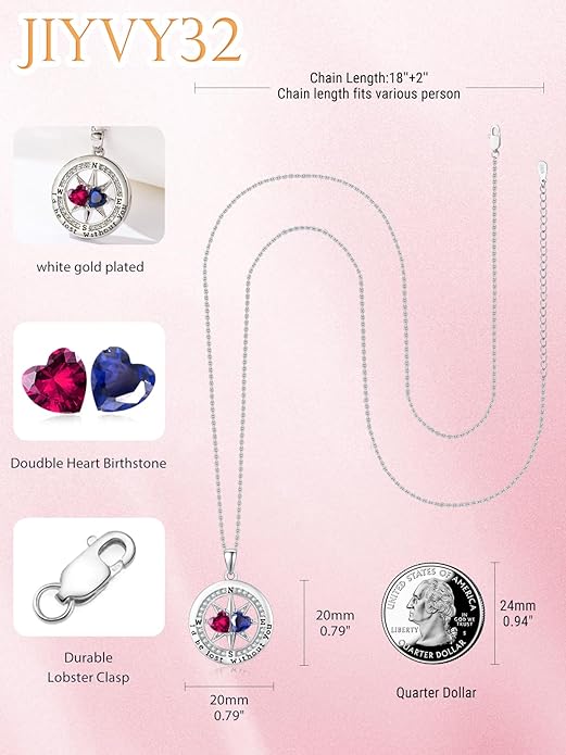 Compass Birthstones Necklace for Women, Exquisite Anniversary Birthday Gifts for Wife Her Double Birthstone Pendant jewelry ‘I'd be Lost Without You’