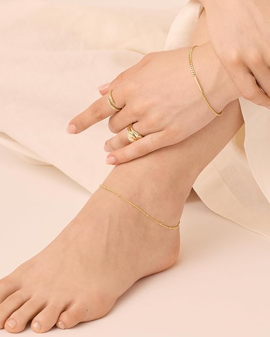 PAVOI 14K-18K Gold Plated Charm Link Flat Gold Anklets for Women | Beaded Marina Link Mariner Paperclip Snake Chain Jewelry Anklets