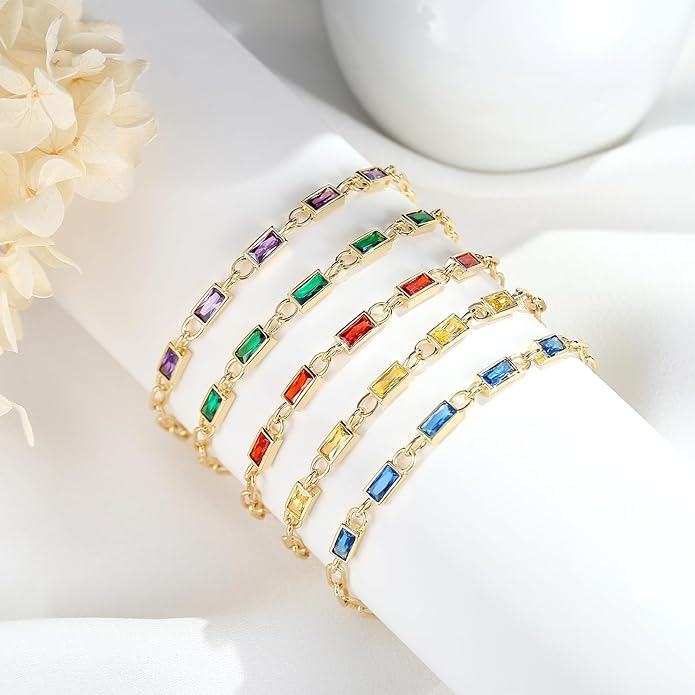 Gold Birthstone Bracelet for Women, 18K Gold Plated Layered Jewelry Bracelet Set, Women Dainty Stackable Bracelets Link Paperclip Chain Valentines Day Gift for Women