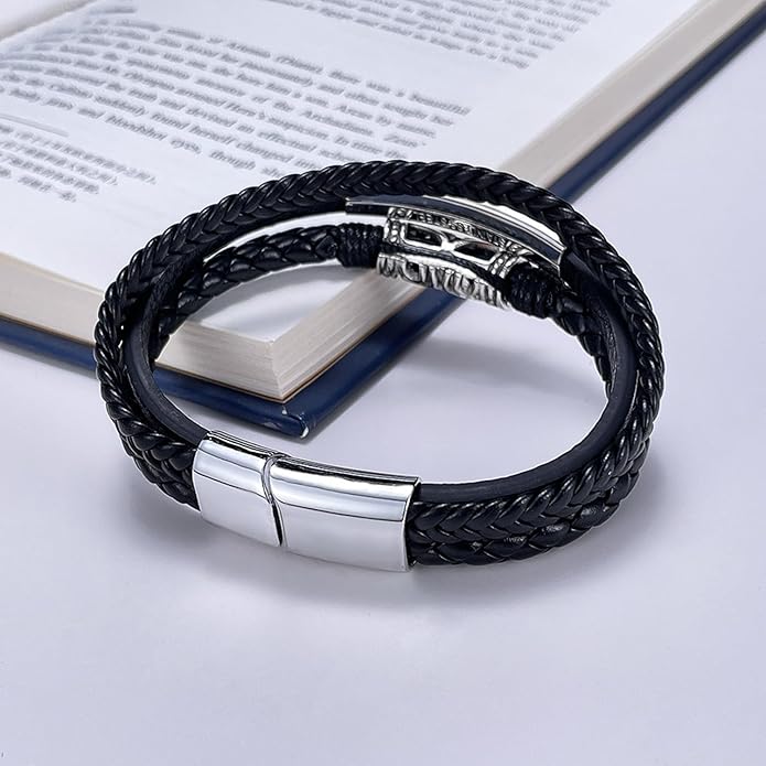 Italian Handmade Genuine Leather Bracelets for Men Stainless Steel Clip, Men's Casual Genuine Multi-layer Cuff Bracelet, Bracelet Gift for Real Men