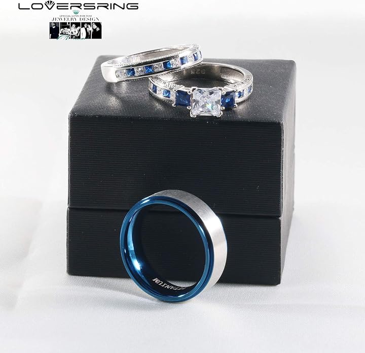 TWO RINGS Wedding Ring Sets His And Hers Promise Ring Couples Bridal Sets Women 925 Sterling Silver square Cz Man Stainless Steel Brushed Finished Wedding Bands