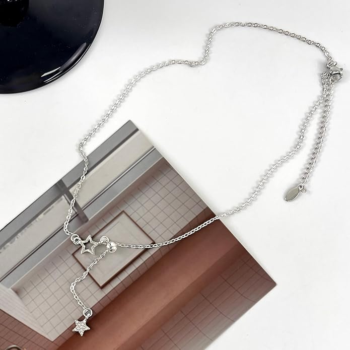 Irregular Y2k Long Y-shaped Necklace with Zircon Inlaid Sparkling Brick Tassel Pendant Double-Layer Chain High-end Fashion Accessory Women's