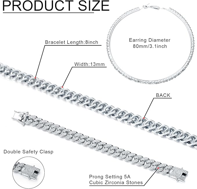 Batiyeer 3 Pcs Cuban Link Chain Necklace Bracelet Rhinestone Hoop Earrings Bling Crystal Hip Hop Jewelry for Women(22 Inch,Silver)