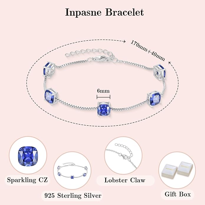 Birthstone Bracelet for Women 925 Sterling Silver Dainty Princess Cut Link Bracelet Jewelry Gifts for Her