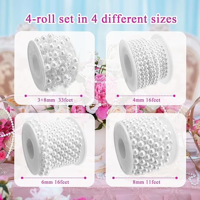 Towenm 4 Rolls 76 Feet Pearls Garland, Faux Pearl Beads Roll Strand, 4mm 6mm 8mm Artificial Pearls Chain Trim, 3-8mm Fishing line Pearls Strings for Crafts Wedding Christmas Decoration, White