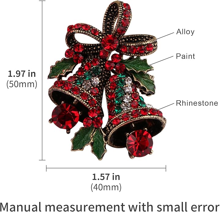 FERVENT LOVE Vintage Christmas Bowknot Double Bells Brooch with Green Leaves and Colorful Rhinestones for Women