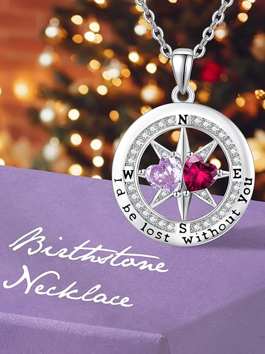 Compass Birthstones Necklace for Women, Exquisite Anniversary Birthday Gifts for Wife Her Double Birthstone Pendant jewelry ‘I'd be Lost Without You’