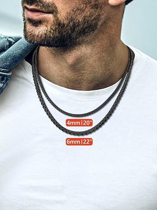 FaithHeart Mens Black/Silver/Gold Stainless Steel Flat Box Link Chain Necklace, Stylish 2/4/6/8mm Width Box Chains Necklaces for Men Non Tarnish Hip Hop Chain Jewelry Gifts,14"-30" Length