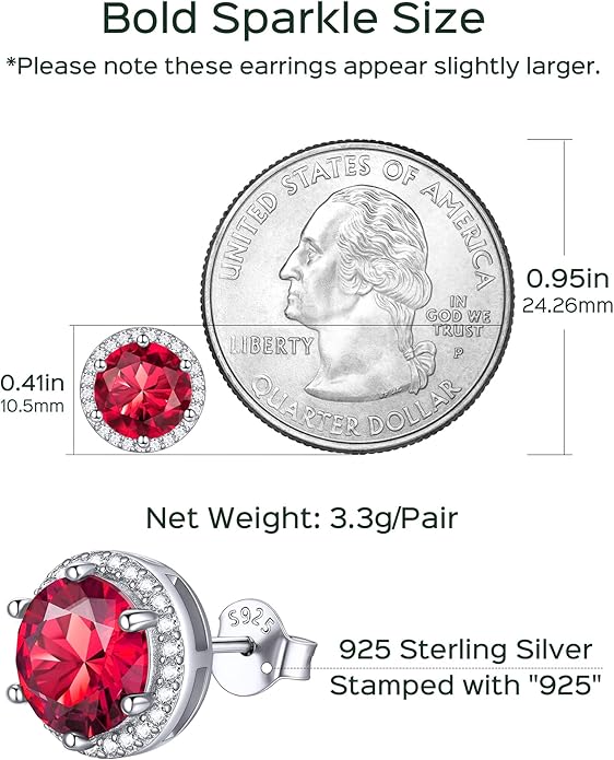 ChicSilver 925 Sterling Silver Birthstone Earrings for Women, 8MM/2 Carat Heart & Round Cubic Zirconia Stud Earrings, Hypoallergenic Jewelry, Ideal Birthday or Christmas Gifts