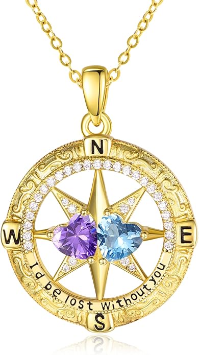 Zeuslia Double Birthstone Necklace Gifts for Wife - 925 Sterling Silver Sunflower/Rose/Crown Cross/Compass/Heart Pendant I Love You Necklace, Anniversary Birthday Gifts for Wife Girlfriend Mom Her