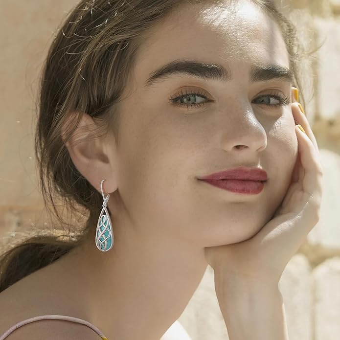 Turquoise Earrings for Women, Turquoise Jewelry for Women S925 Sterling Silver Dangle Teardrop Earrings Celtic Design, Boho Jewelry Gift for Friend Lover Mother