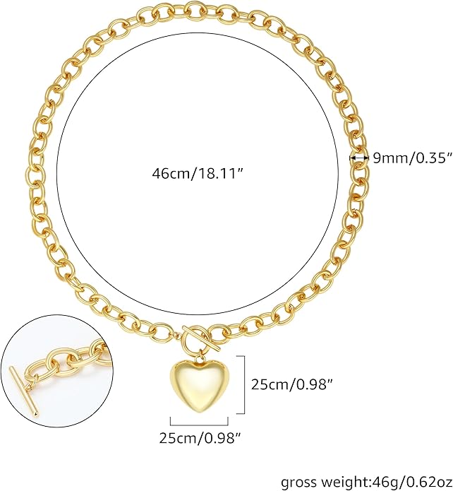 Chunky Gold Necklace for Women, 18K Waterproof Heart Necklace Statement Necklace Gold Charm Necklace Chunky Jewelry Paperclip Chain Choker Gift for Women