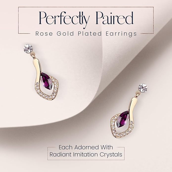 Crystalline Azuria Crystals Simulated Purple Amethyst Set Pendant Necklace 18 inches Earrings 18K Rose Gold Plated for Women