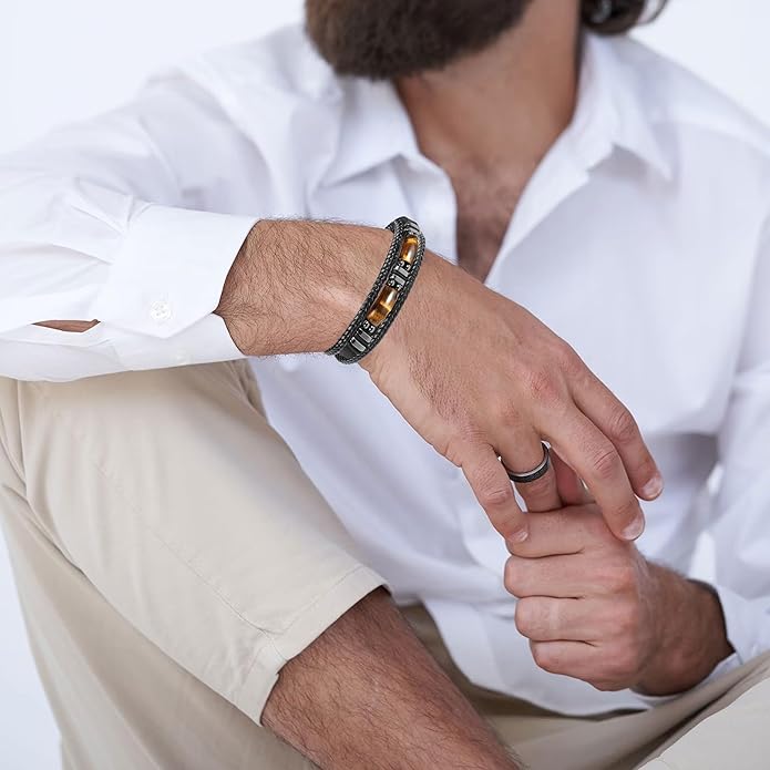Mens Bracelet Set Black Leather Bracelets for Men Tiger Eye Bracelet 6mm 8mm Lava Rock Beaded Bracelets Adjustable Stretech
