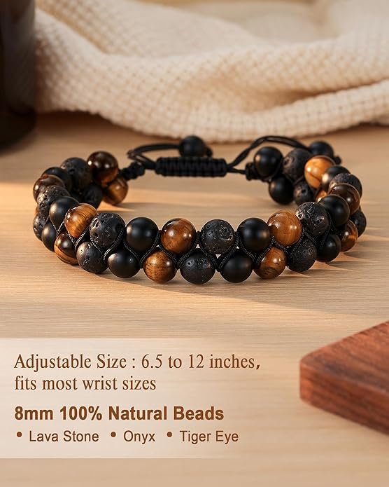 HGDEER Triple Protection Bracelet for Men & Teens - 100% Natural Black Onyx, Tiger Eye & Lava Stone Beads - Adjustable Size with Meaning Card
