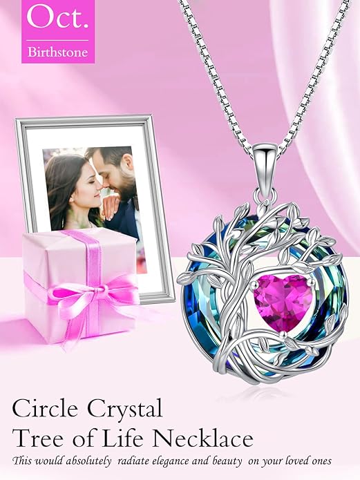 TOUPOP Christmas Gifts Tree of Life Birthstone Necklace 925 Sterling Silver Pendant Austrian Crystal Jewelry Anniversary Birthday Gifts for Women Mom Her Wife