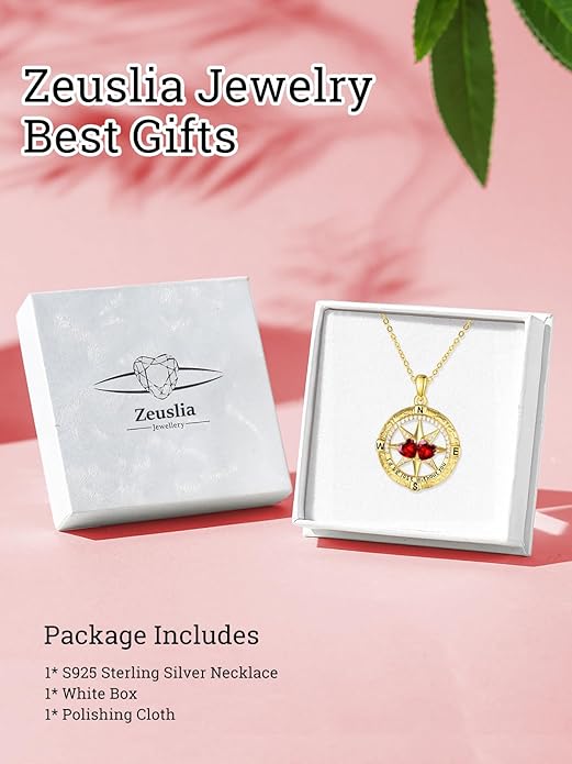 Zeuslia Double Birthstone Necklace Gifts for Wife - 925 Sterling Silver Sunflower/Rose/Crown Cross/Compass/Heart Pendant I Love You Necklace, Anniversary Birthday Gifts for Wife Girlfriend Mom Her