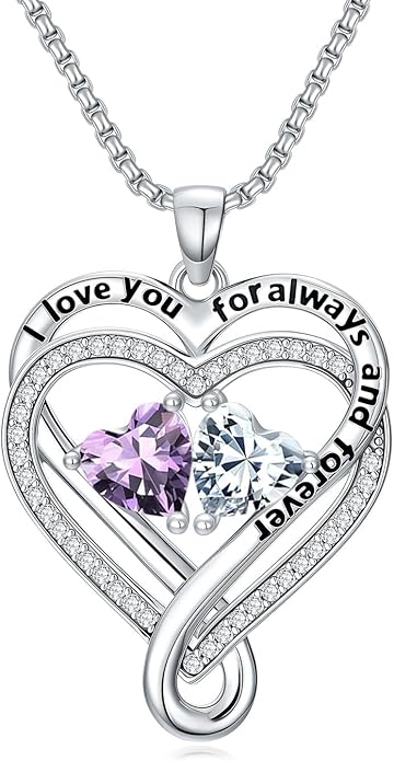 I Love You for Awlays and Forever Double Heart Necklace with Birthstone, 2 Birth Stone Jewelry Anniversary Valentines Mothers Day Christmas Birthday Gifts for Women Her Wife Girlfriend Mom Mother