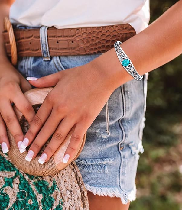 Christmas Jewelry Gift for Women-Genuine Turquoise Cuff Bracelet, Sterling Silver Western Vintage Floral Bangle Native American Jewelry, For 6.5-7.5 Inch Wrists