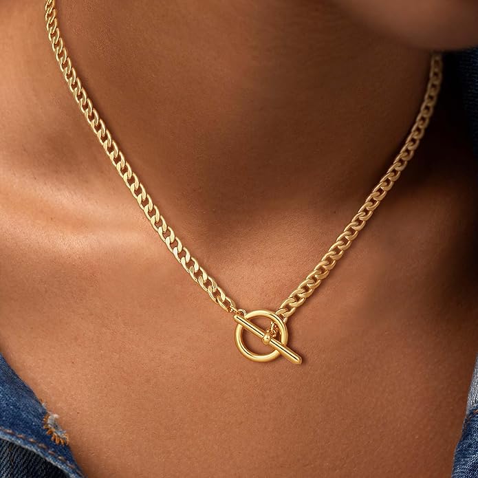 Gold Plated Necklaces for Women - Dainty Layered 14K Gold Plated Stack Paperclip Rope Cuban Toggle Link Chain Choker Necklace Set Chunky Trendy Jewelry Gift