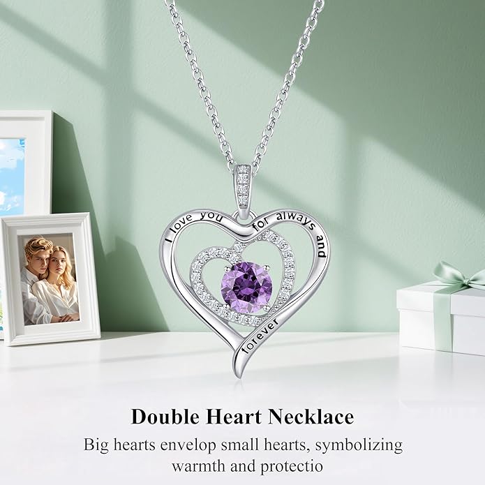 S925 Sterling Silver Necklace for Women, Christams Gift for Women, Love Heart Birthstone Necklaces for Women, Wife Jewelry, Mom Birthday Valentines Mothers Day Gifts, Girlfriend Necklaces, Daughter Heart Jewel, Anniversary for Her