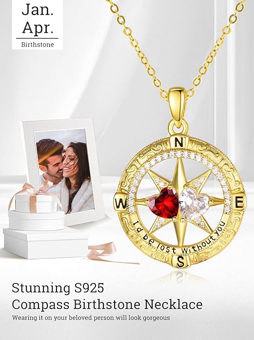 Zeuslia Double Birthstone Necklace Gifts for Wife - 925 Sterling Silver Sunflower/Rose/Crown Cross/Compass/Heart Pendant I Love You Necklace, Anniversary Birthday Gifts for Wife Girlfriend Mom Her