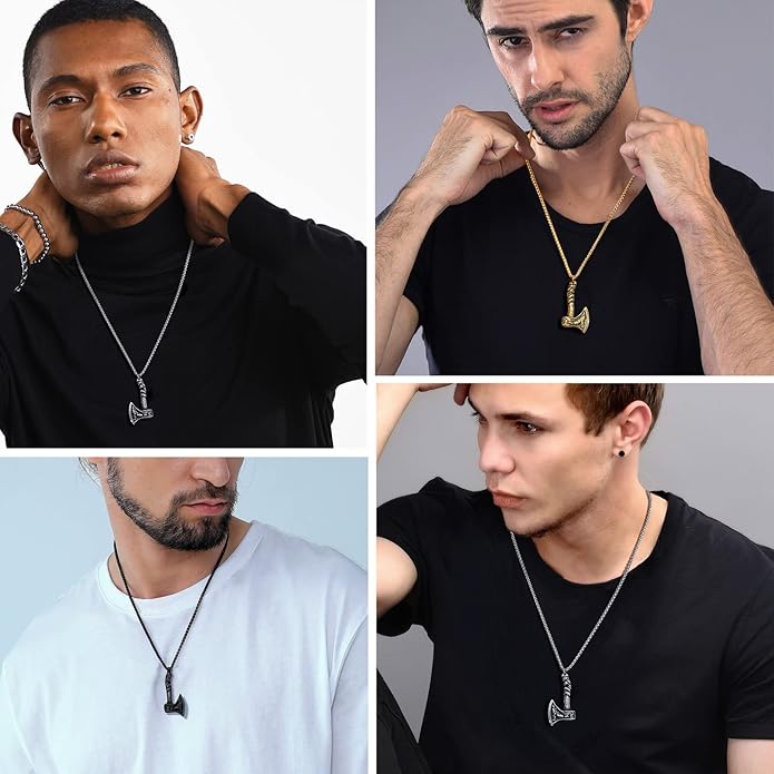 PROSTEEL Norse Viking Jewelry for Men Women, Vintage Thor Hammer/Thor Axe/Raven/Odin Necklace, 316L Stainless Steel Pendant Chain, Come with Box
