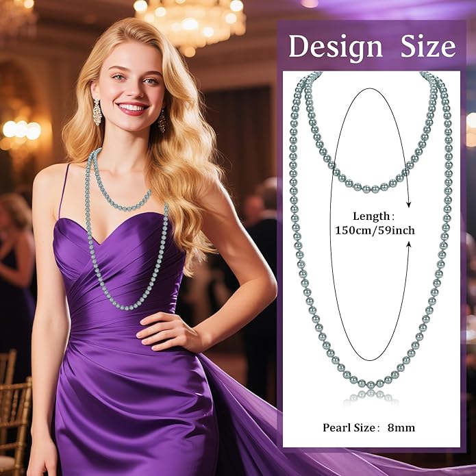 59" Long Pearl Necklaces for Women, Vintage Elegant Long Pearls Necklace for Wedding Party 1920s Gatsby Costume Jewelry