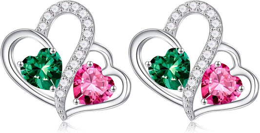 Iefil Valentines Day Gifts for Her - Birthstone Earrings Gift for Women, 925 Sterling Silver Double Heart Birthstone Earrings | Anniversary Birthday Gifts for Women, Personalized Jewelry for Wife Mom