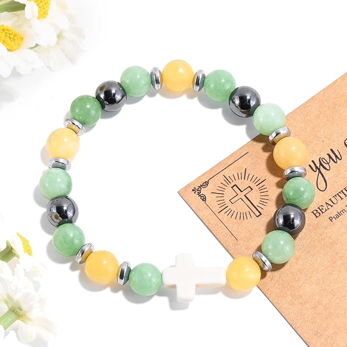 VIBILIA Cross Beaded Bracelets for Women, Inspirational Natural Heart Religious Bracelets for Women, Birthday Christian Gifts for Women on Thanksgiving Christmas Gifts