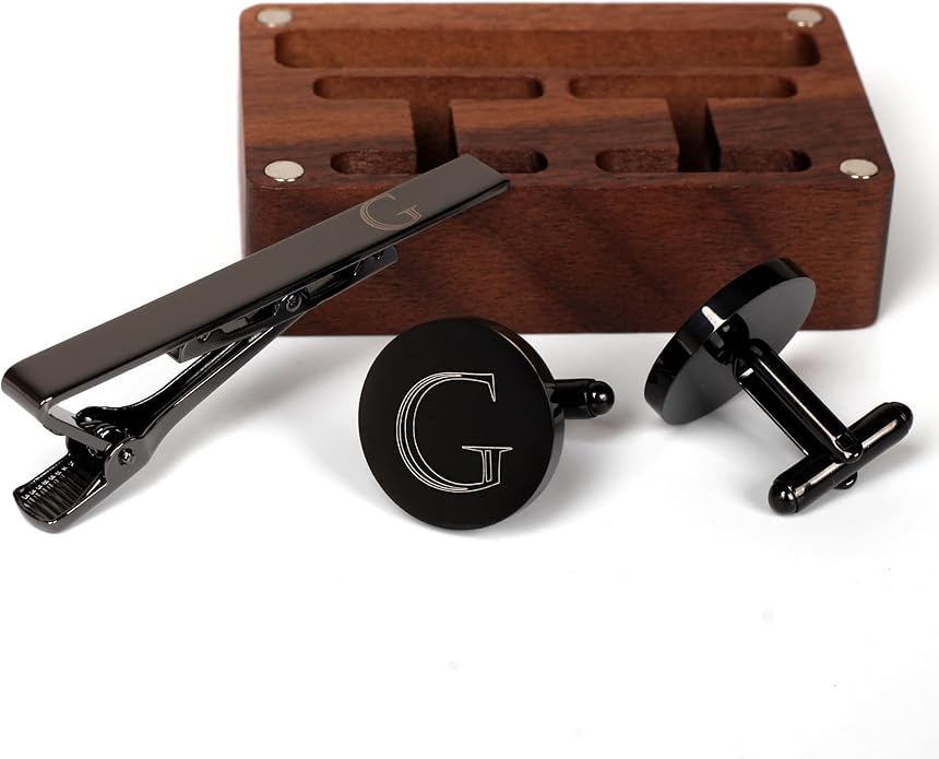 Mens Initial Cufflinks and Tie Clip A-Z Alphabet Letter Black Stainless Cuff Links Tie Bar with Engraved Walnut Wood Box Groom Groomsman Wedding Set