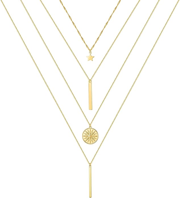 Turandoss Gold Layered Necklaces for Women - 14K Gold Plated Handmade Multilayer Bar Pearls Coin Disc Moon Butterfly Medallion Adjustable Dainty Layered Choker Necklaces for Women Jewelry
