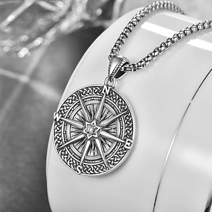 KINGWHYTE Compass Necklace for Men 925 Sterling Silver Birthday Gifts Graduation Travel Jewelry for Husband Brother with Stainless Steel Chain