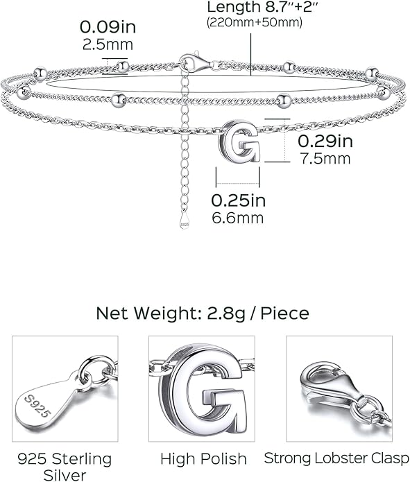 ChicSilver Ankle Bracelets for Women Waterproof, 925 Sterling Silver Initial Anklets for Women, Adjustable Dainty Layered Anklet Beach Jewelry for Women Mom Wife Friend