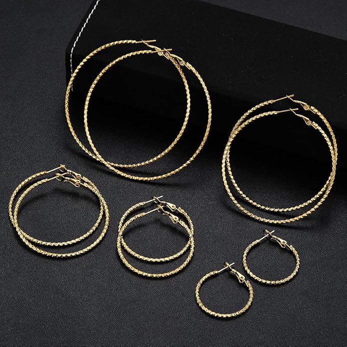 5/10 Pairs Stainless Steel Hoop Earrings for Women Hypoallergenic Large Small 14K Gold Plated Starry Sky Filigree Hoops Silver Plated Hoop Earring Pack Lightweight Fashion Earrings Set
