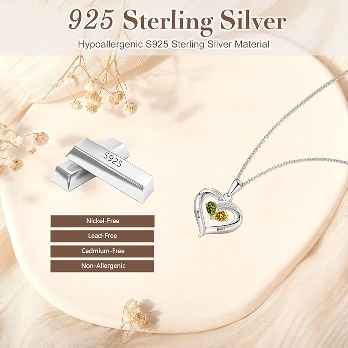 JOBFLY S925 Sterling Silver Customized 2 Birthstone Heart Necklace with 2 Name Engraved Personalized Mother Daughter Necklace Couple Jewelry Christmas Birthday Gift