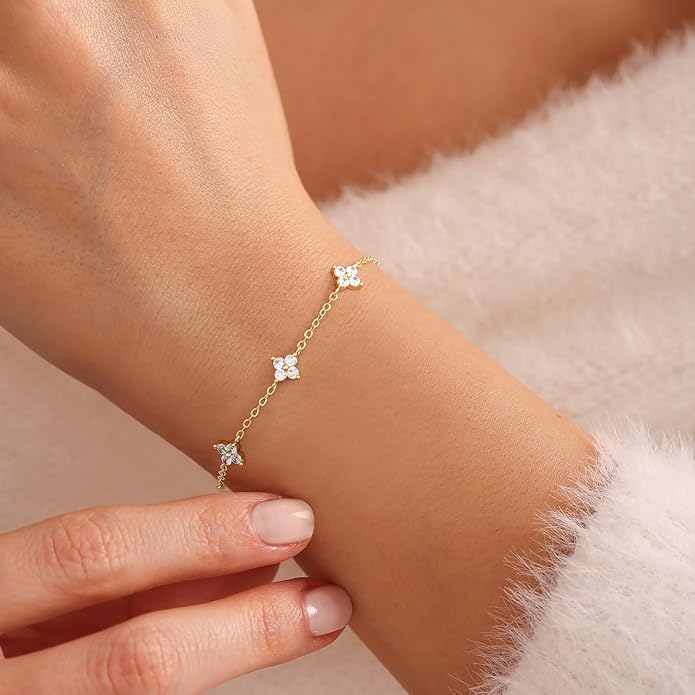 Gold Bracelets for Women,14K Dainty Gold Plated Bracelets Non Tarnish Waterproof Diamond Bracelets Heart Flower Round Square CZ Charm Bracelet Trendy Stuff Jewelry Gifts for Her
